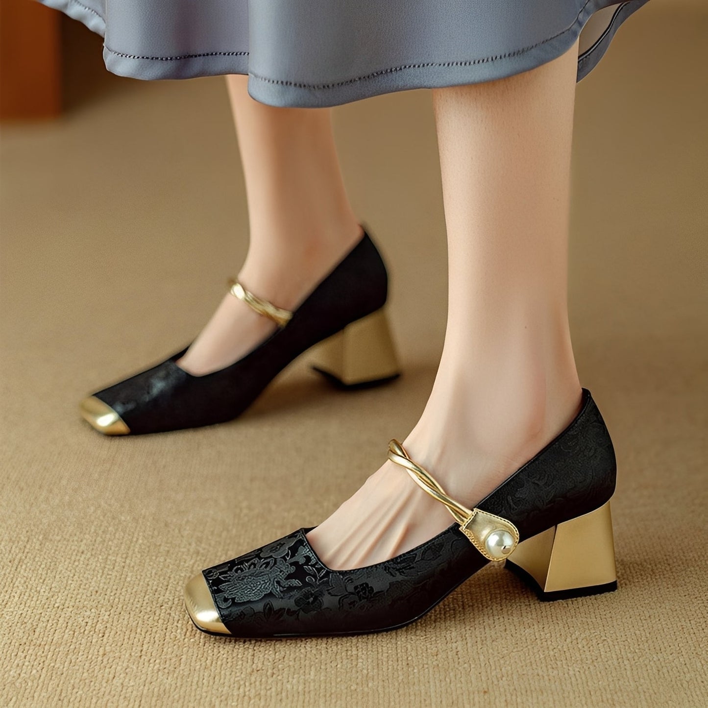 Rhonda - Stylowe luksusowe buty na blokowym obcasie z tłoczeniem dla kobiet