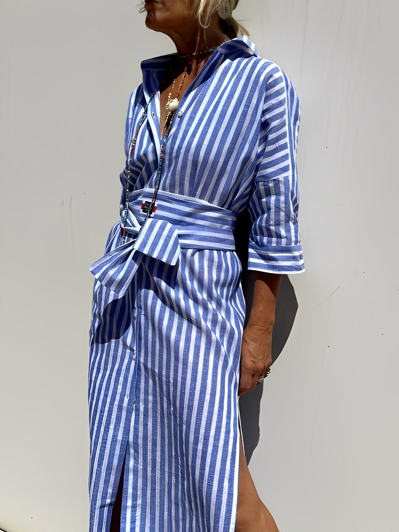 Christel - Damska długa sukienka polo w paski