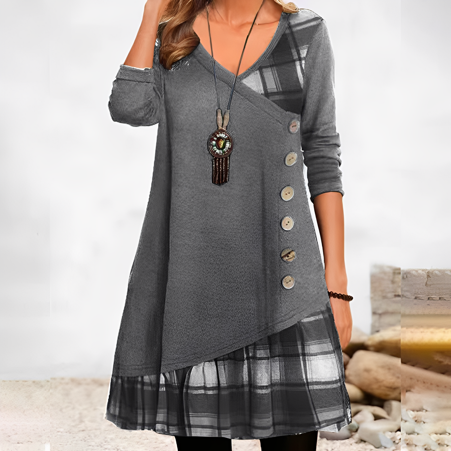 Shawnee - Casualowa sukienka patchworkowa w kratkę dla kobiet