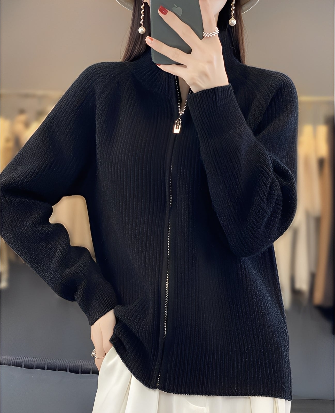 Margaret - Damski kardigan z wełny z zamkiem