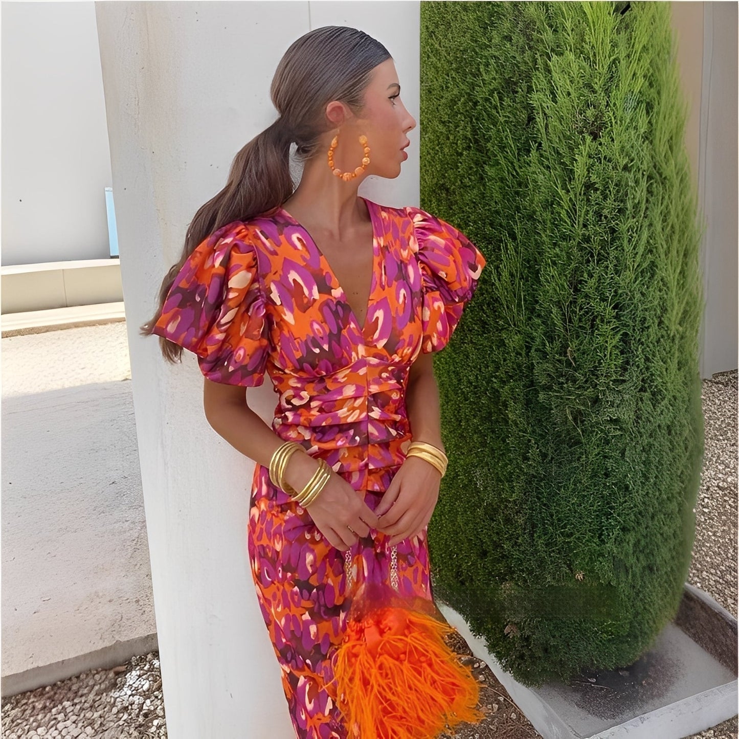 Gaëlle - Sukienka kolorowa z marszczonymi rękawami dla kobiet