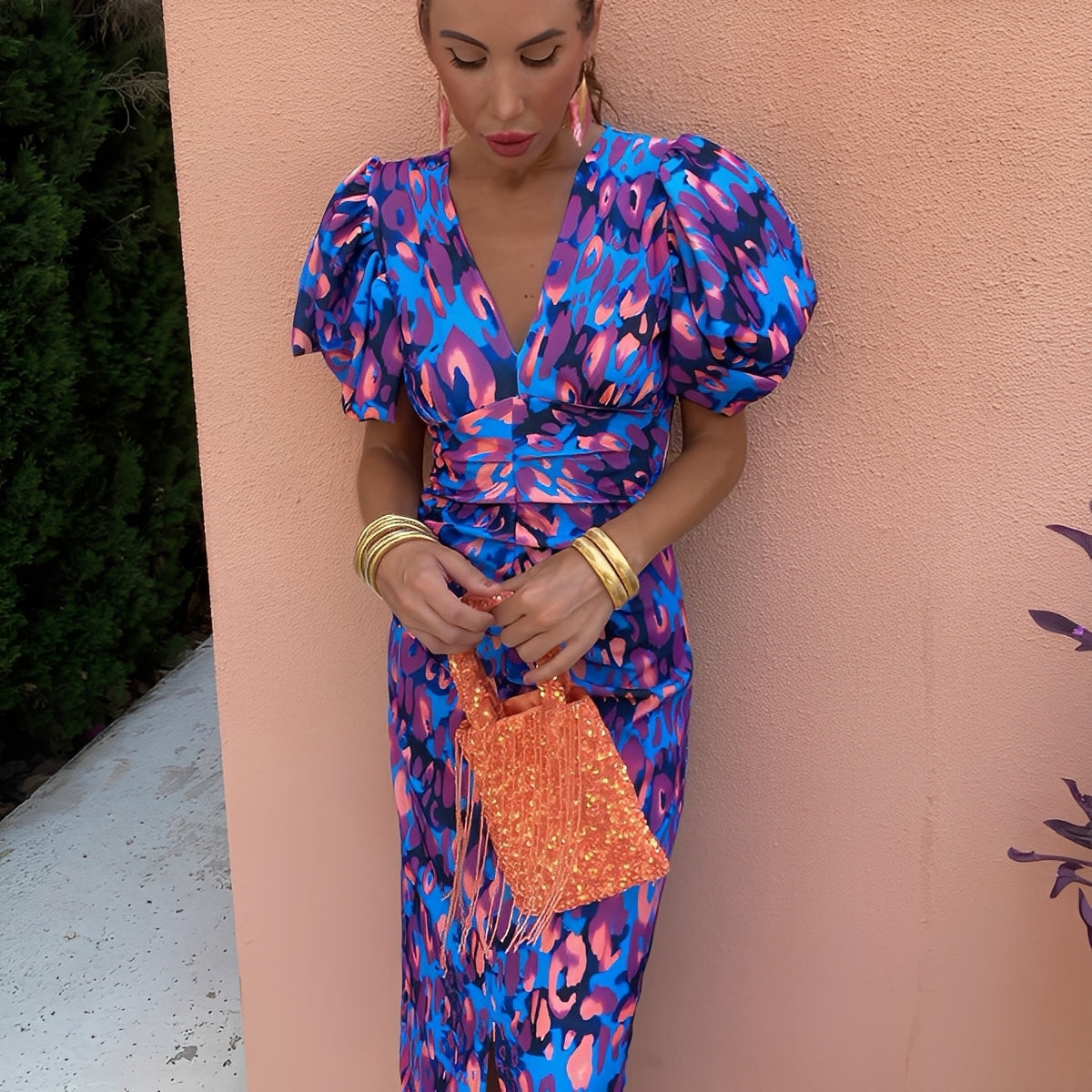 Gaëlle - Sukienka kolorowa z marszczonymi rękawami dla kobiet