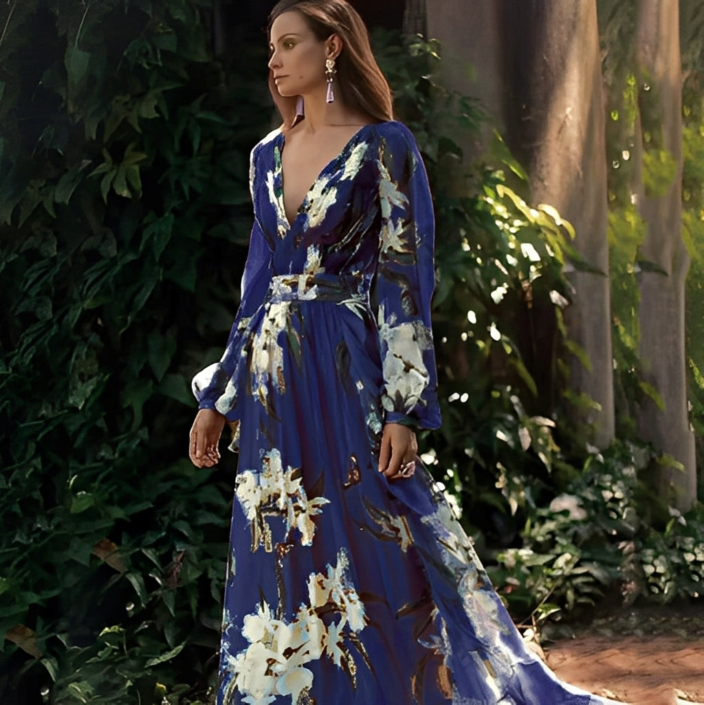 Karine - Sukienka długa elegancka z dekoltem V dla kobiet