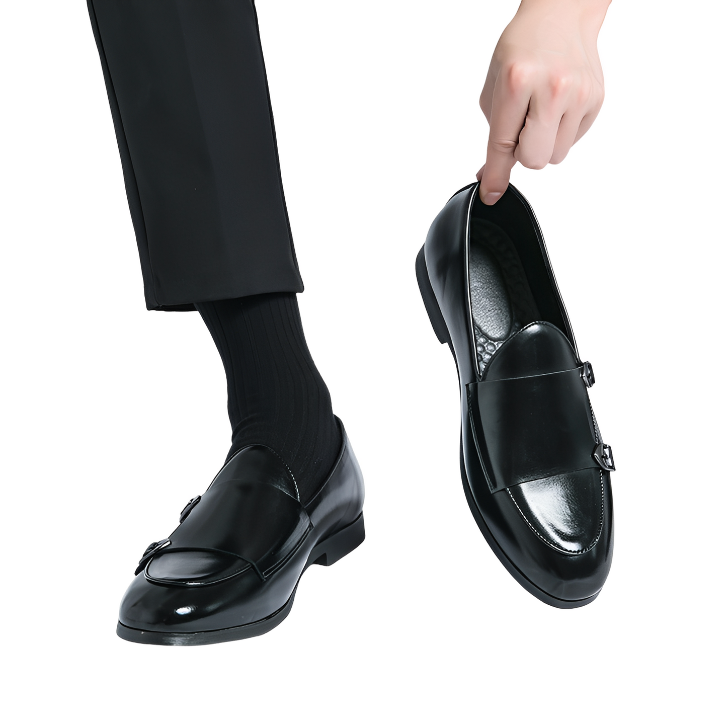 Bryan - Formalne męskie loafersy ze skóry z podwójną klamrą