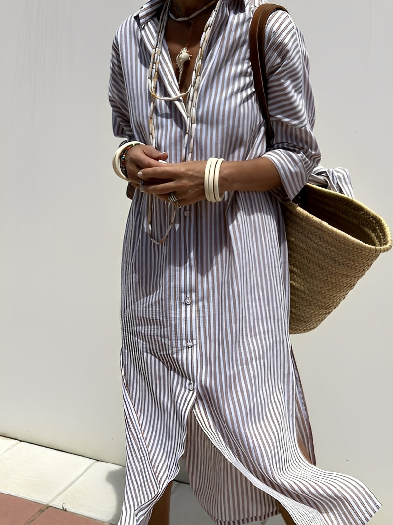 Christel - Damska długa sukienka polo w paski