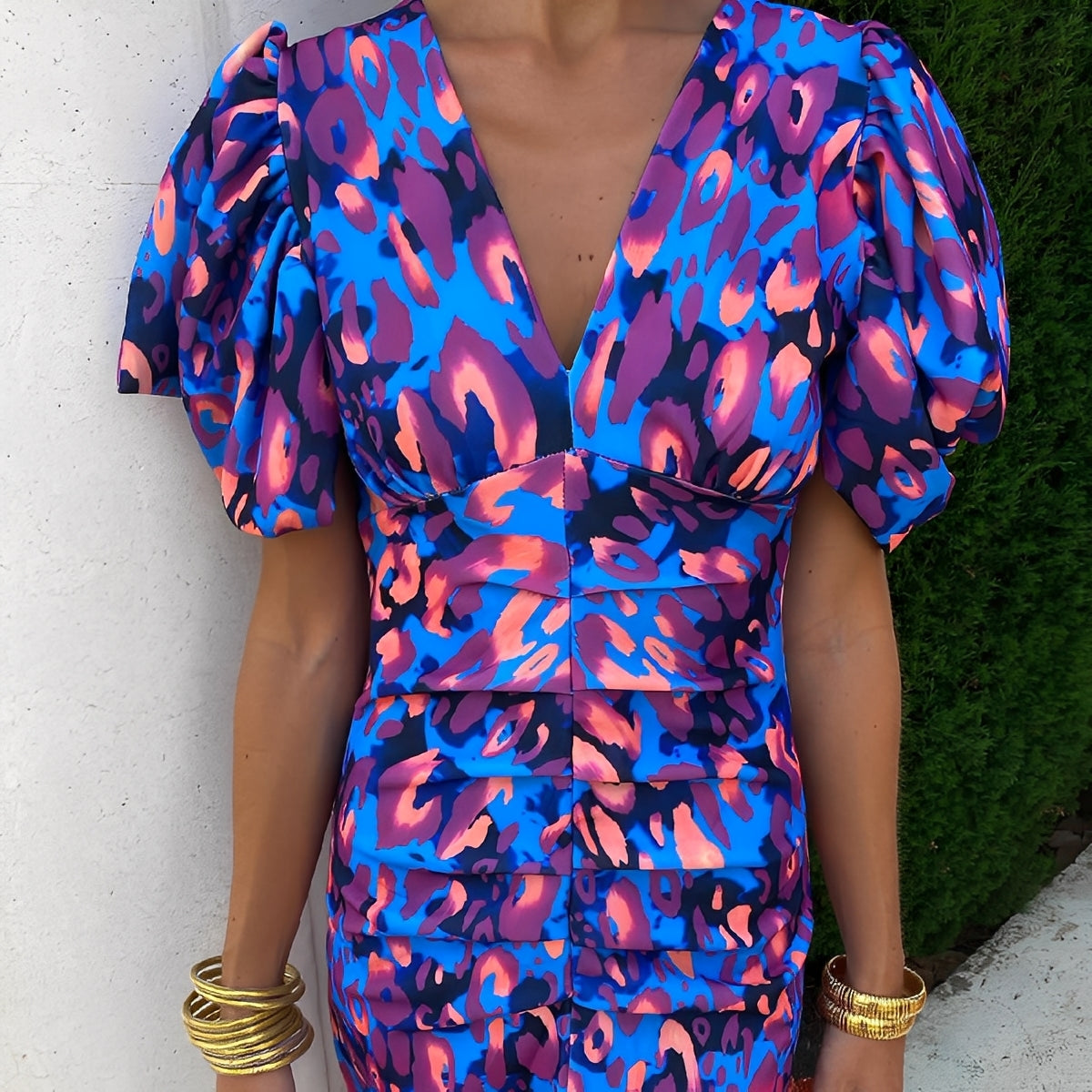 Gaëlle - Sukienka kolorowa z marszczonymi rękawami dla kobiet