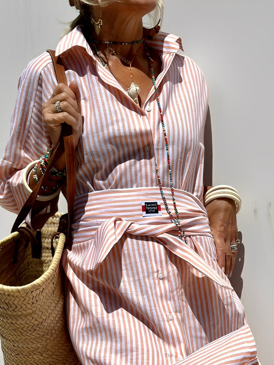 Christel - Damska długa sukienka polo w paski