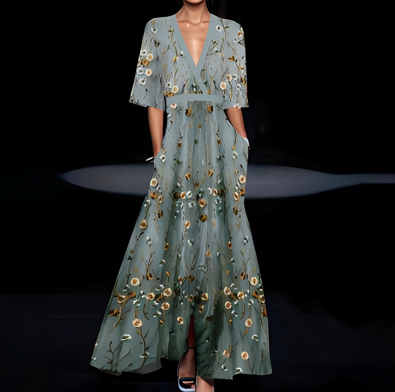 Débora - Suknia długa elegancka w kwiatowy wzór dla kobiet