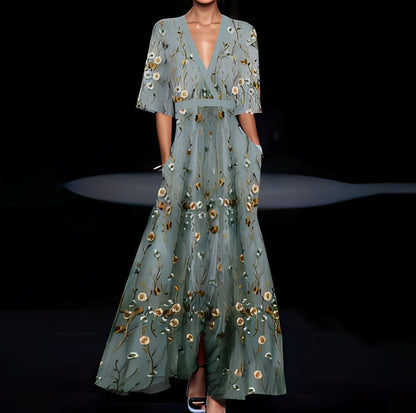 Débora - Suknia długa elegancka w kwiatowy wzór dla kobiet