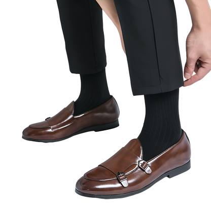 Bryan - Formalne męskie loafersy ze skóry z podwójną klamrą