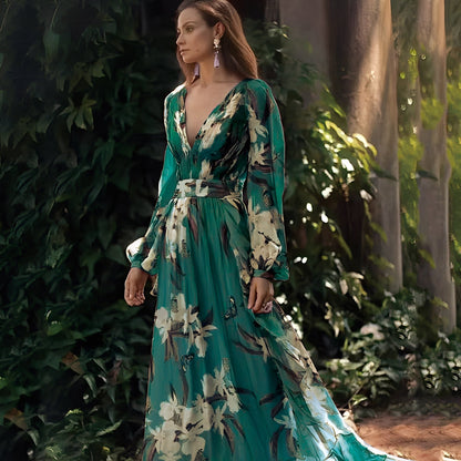 Karine - Sukienka długa elegancka z dekoltem V dla kobiet