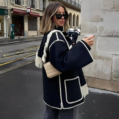 Amilia - Stylowa, luźno siedząca kurtka wełniana z szalem dla kobiet